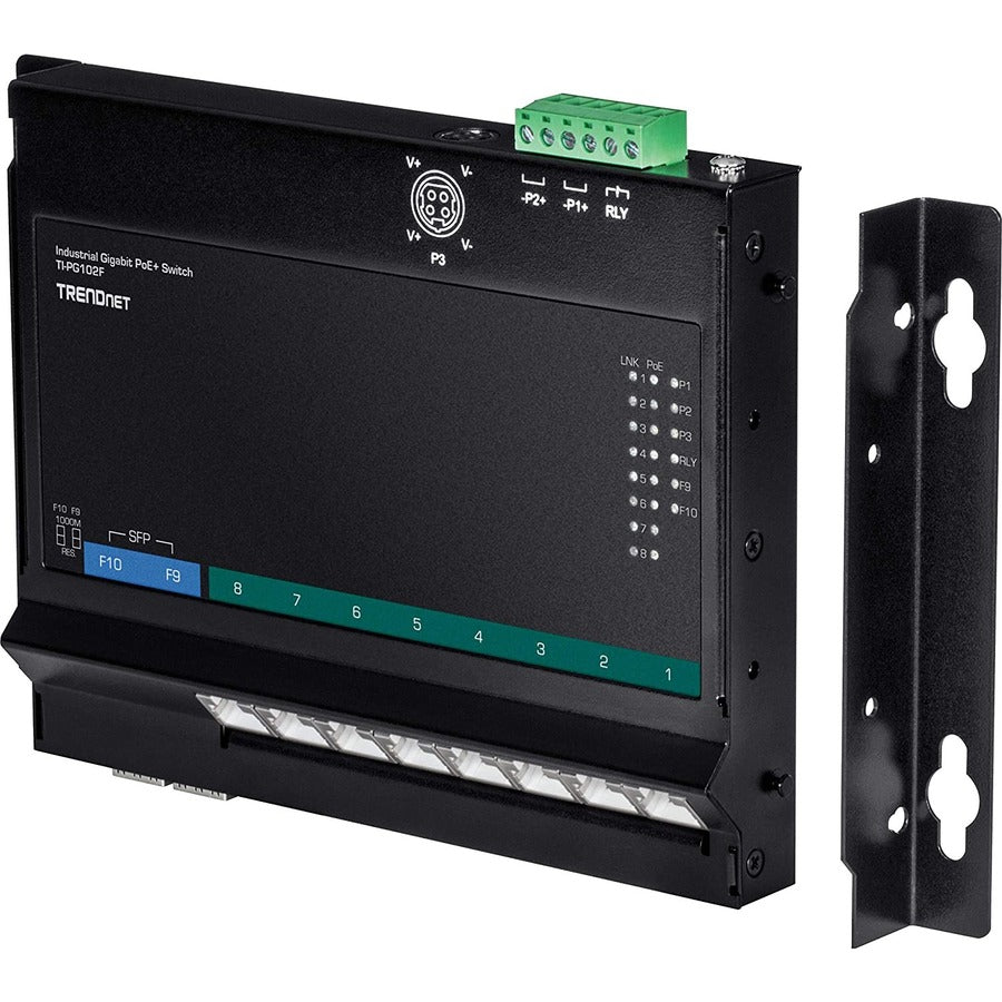 TRENDnet 10-Port Industrial Gigabit PoE+ Wall-Mounted Front Access Switch; TI-PG102F; 8x Gigabit PoE+ Ports; 2 x Gigabit SFP Slots; 240W PoE Budget; DIN-Rail & Wall Mount Brackets Included; IP30 Rated TI-PG102F