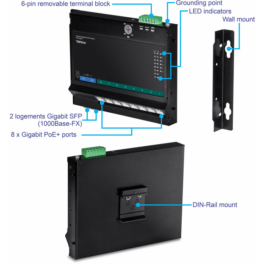 TRENDnet 10-Port Industrial Gigabit PoE+ Wall-Mounted Front Access Switch; TI-PG102F; 8x Gigabit PoE+ Ports; 2 x Gigabit SFP Slots; 240W PoE Budget; DIN-Rail & Wall Mount Brackets Included; IP30 Rated TI-PG102F