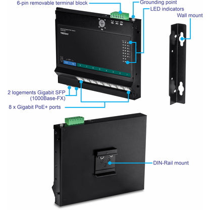 TRENDnet 10-Port Industrial Gigabit PoE+ Wall-Mounted Front Access Switch; TI-PG102F; 8x Gigabit PoE+ Ports; 2 x Gigabit SFP Slots; 240W PoE Budget; DIN-Rail & Wall Mount Brackets Included; IP30 Rated TI-PG102F