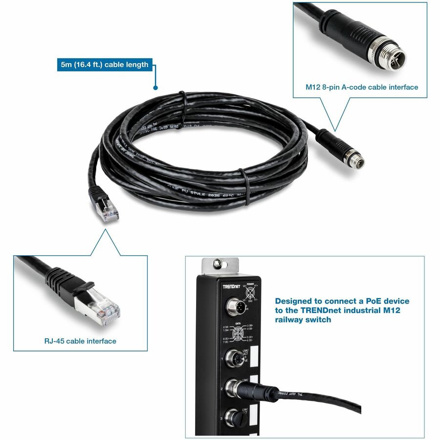Câble Ethernet industriel TRENDnet M12 vers RJ-45, 5 m (16,4 pi) TI-CD05