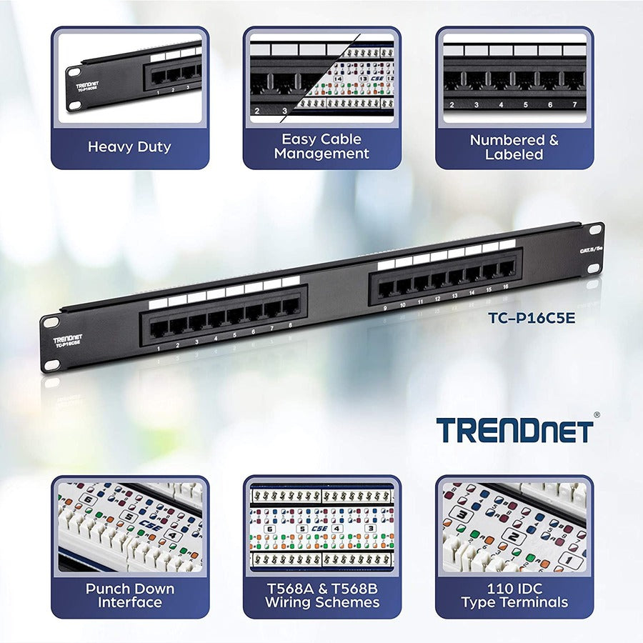 TRENDnet 16-Port Cat5/5e Unshielded Patch Panel, TC-P16C5E, Wallmount or Rackmount, 1U 19" , 100Mhz Connection, Ethernet/Fast Ethernet/Gigabit Ethernet (1000Base-T), Cat3/Cat4/Cat5 Compatible TC-P16C5E