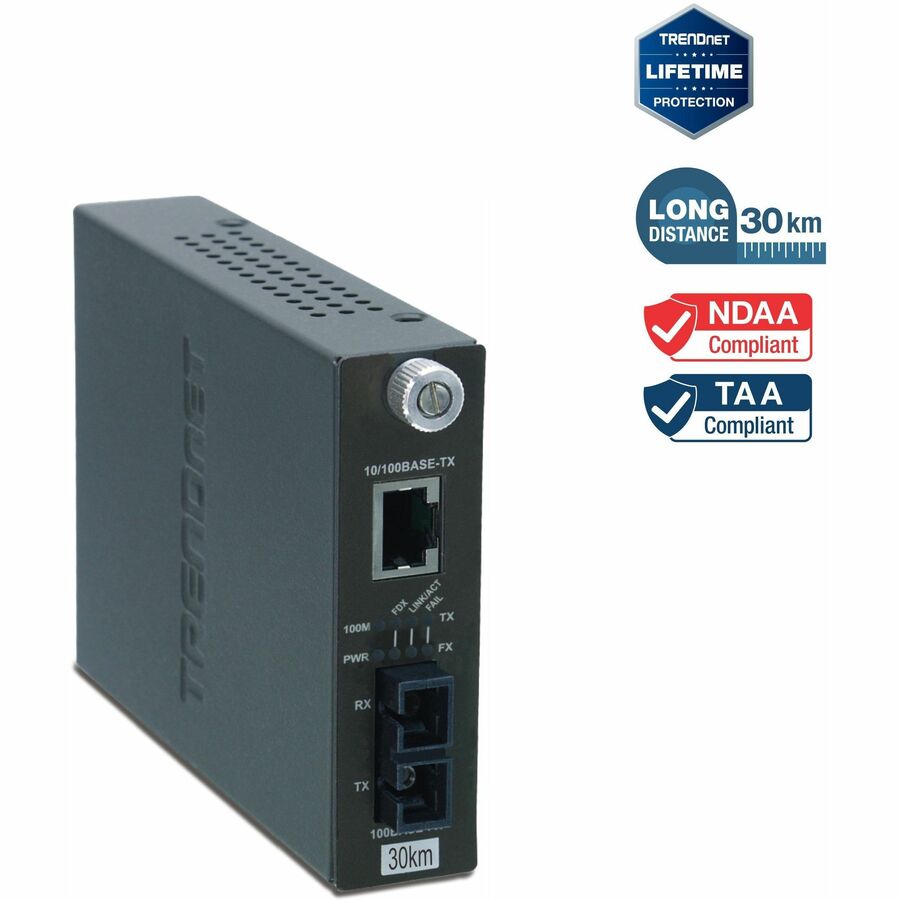 Convertisseur de média fibre optique monomode 10/100Base-TX vers 100Base-FX intelligent TRENDnet (30 km/18,6 miles) ; mode duplex intégral ; port RJ-45 ; convertisseur fibre vers Ethernet ; protection à vie ; TFC-110S30i TFC-110S30i