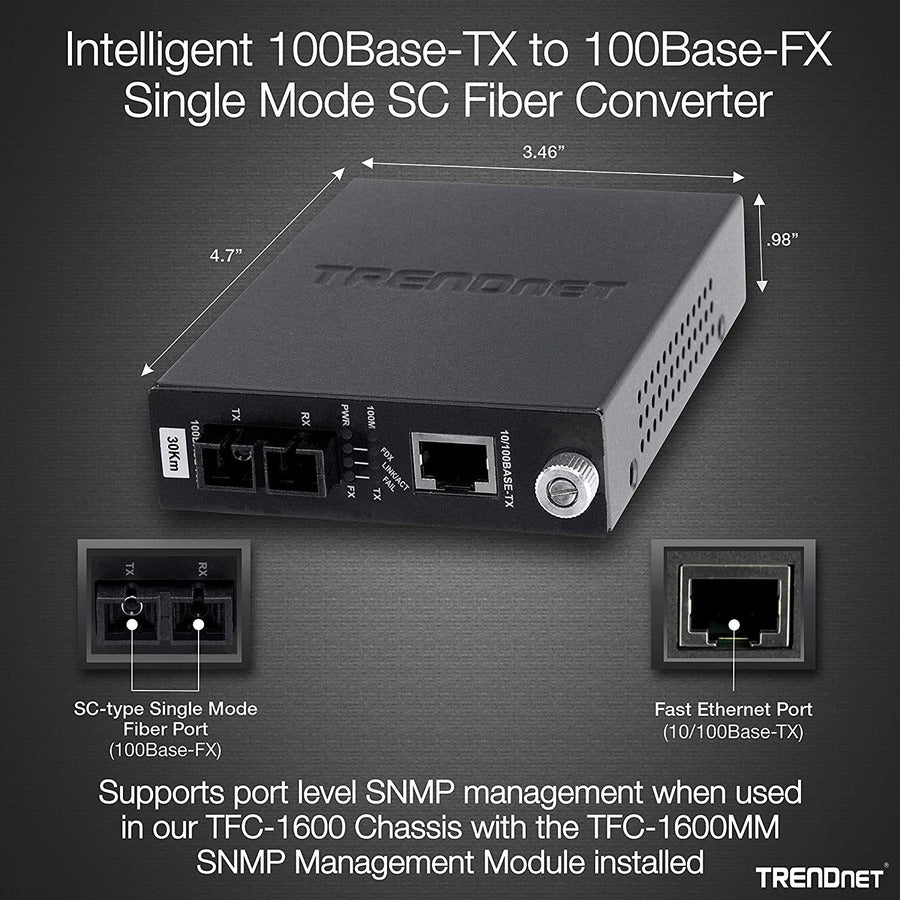 Convertisseur de média fibre optique monomode 10/100Base-TX vers 100Base-FX intelligent TRENDnet (30 km/18,6 miles) ; mode duplex intégral ; port RJ-45 ; convertisseur fibre vers Ethernet ; protection à vie ; TFC-110S30i TFC-110S30i