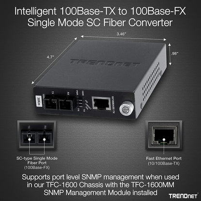 Convertisseur de média fibre optique monomode 10/100Base-TX vers 100Base-FX intelligent TRENDnet (30 km/18,6 miles) ; mode duplex intégral ; port RJ-45 ; convertisseur fibre vers Ethernet ; protection à vie ; TFC-110S30i TFC-110S30i