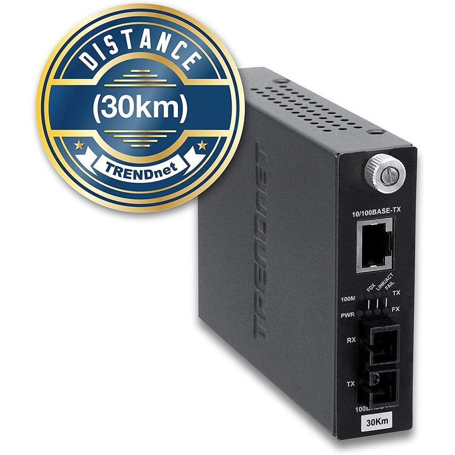 Convertisseur de média fibre optique monomode 10/100Base-TX vers 100Base-FX intelligent TRENDnet (30 km/18,6 miles) ; mode duplex intégral ; port RJ-45 ; convertisseur fibre vers Ethernet ; protection à vie ; TFC-110S30i TFC-110S30i