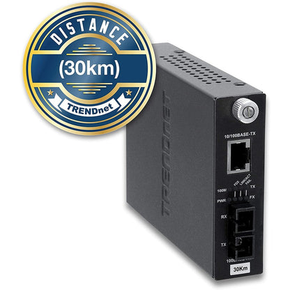Convertisseur de média fibre optique monomode 10/100Base-TX vers 100Base-FX intelligent TRENDnet (30 km/18,6 miles) ; mode duplex intégral ; port RJ-45 ; convertisseur fibre vers Ethernet ; protection à vie ; TFC-110S30i TFC-110S30i