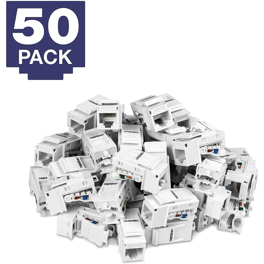TRENDnet Lot de 50 prises Keystone Cat6, TC-K50C6, compatibles avec les câbles Cat5/Cat5e/Cat6 Prises Keystone RJ45 Cat6, à utiliser avec les panneaux de brassage Keystone vierges TC-KP24 ou TC-KP48 (vendus séparément) TC-K50C6