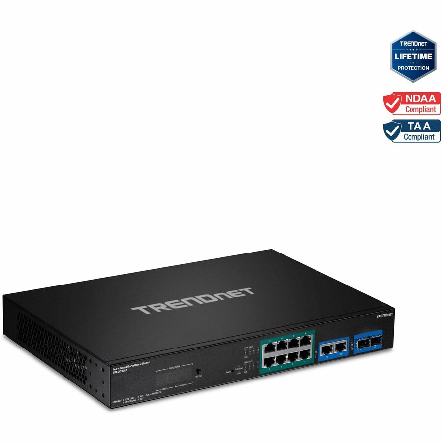 Commutateur de surveillance intelligent Gigabit PoE+ à 12 ports TRENDnet avec 8 ports Gigabit PoE+ ; TPE-3012LS ; 2 ports Gigabit ; 2 emplacements SFP ; budget PoE 110 W ; PoE+ longue portée ; VLAN ; QoS ; LACP ; ONVIF TPE-3012LS