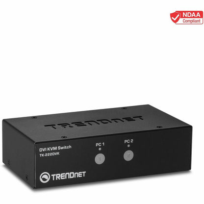 TRENDnet Commutateur KVM DVI à 2 ports avec audio, gestion de deux PC, touches de raccourci, USB 2.0, boîtier métallique, utilisation avec un moniteur DVID-D, TK-222DVK TK-222DVK