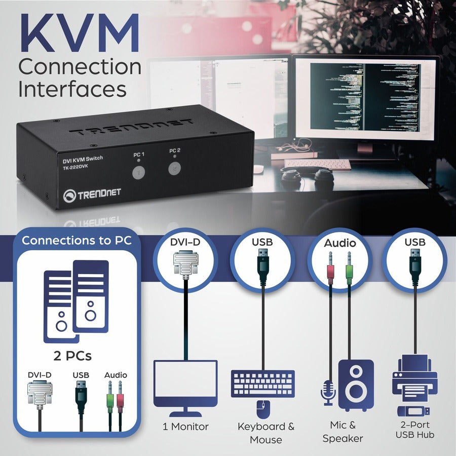 TRENDnet Commutateur KVM DVI à 2 ports avec audio, gestion de deux PC, touches de raccourci, USB 2.0, boîtier métallique, utilisation avec un moniteur DVID-D, TK-222DVK TK-222DVK