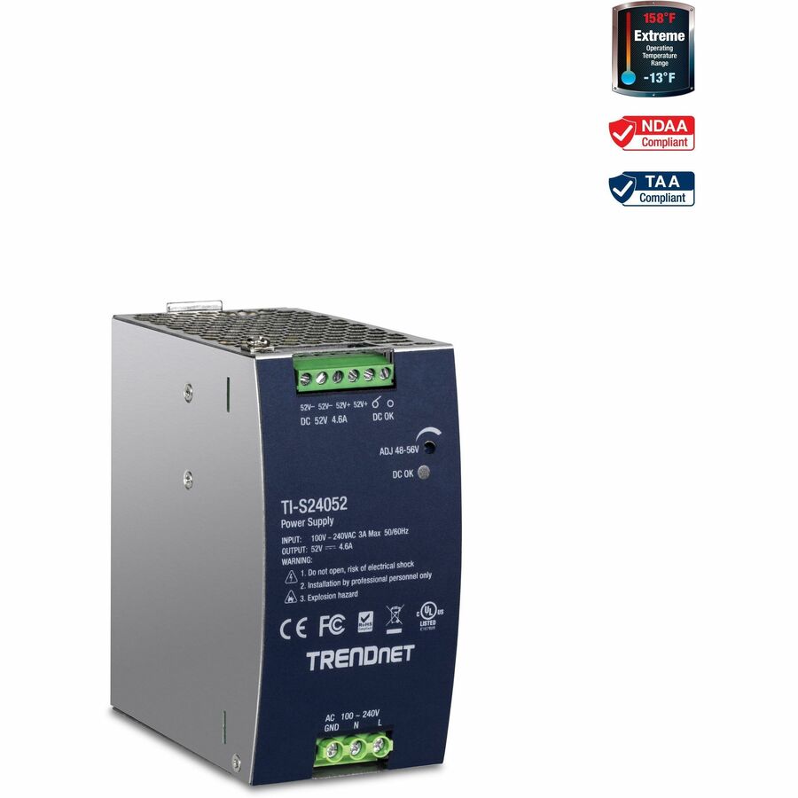 TRENDnet Alimentation industrielle 240 W 52 V DC, 4,61 A AC vers DC DIN-Rail, fonction de contrôleur de facteur de puissance intégrée, plage de températures de fonctionnement extrême -25 °C à 70 °C (-13 °C à 158 °F), argent, TI-S24052 TI-S24052