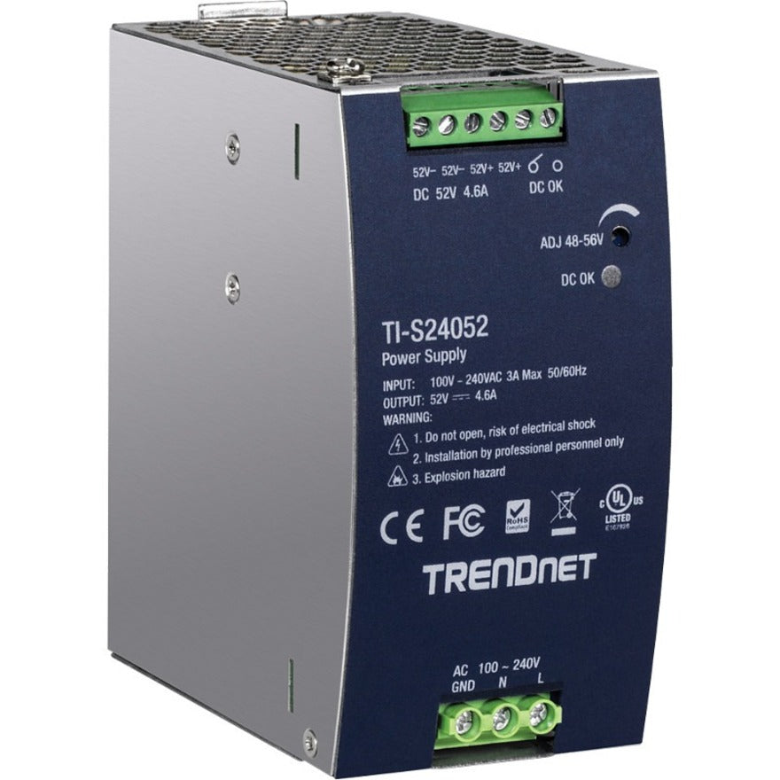 TRENDnet Alimentation industrielle 240 W 52 V DC, 4,61 A AC vers DC DIN-Rail, fonction de contrôleur de facteur de puissance intégrée, plage de températures de fonctionnement extrême -25 °C à 70 °C (-13 °C à 158 °F), argent, TI-S24052 TI-S24052