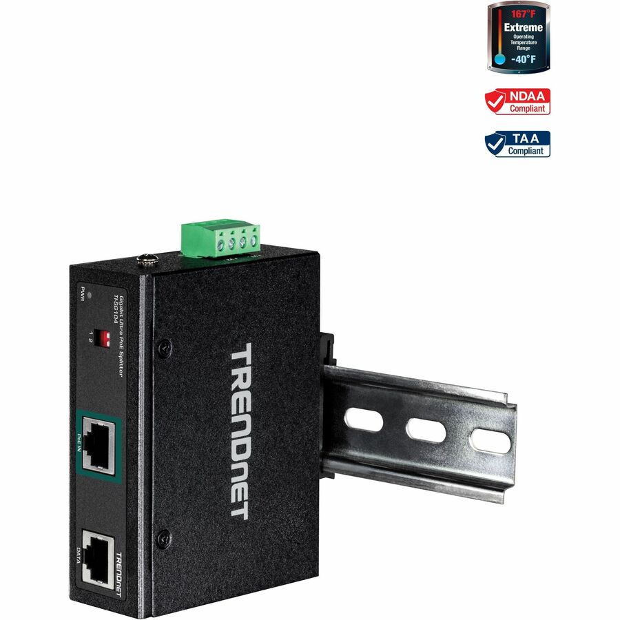 TRENDnet Répartiteur industriel Gigabit UPoE, deux sorties d'alimentation CC, montage sur rail DIN ou mural, sortie de tension réglable, TI-SG104 TI-SG104