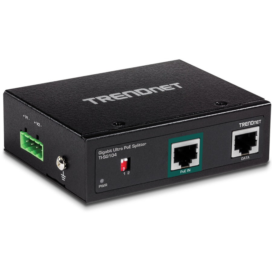 TRENDnet Répartiteur industriel Gigabit UPoE, deux sorties d'alimentation CC, montage sur rail DIN ou mural, sortie de tension réglable, TI-SG104 TI-SG104