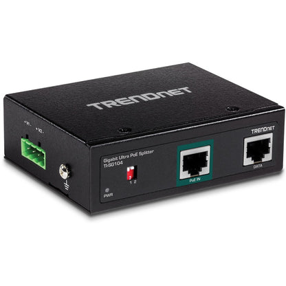 TRENDnet Répartiteur industriel Gigabit UPoE, deux sorties d'alimentation CC, montage sur rail DIN ou mural, sortie de tension réglable, TI-SG104 TI-SG104