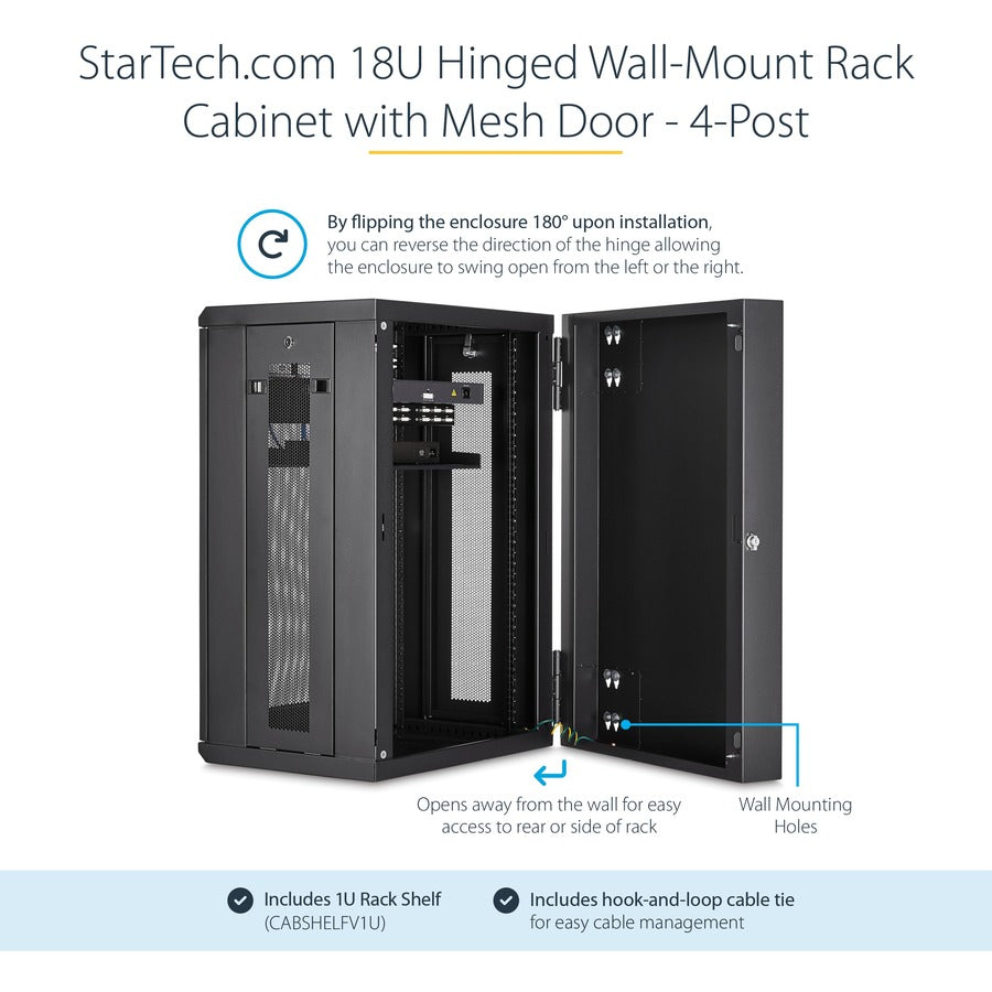 StarTech.com Armoire réseau murale 18U 19" - 16" de profondeur, verrouillable, pour rack de données informatiques flexible, boîtier de commutation ventilé avec étagère RK1820WALHM