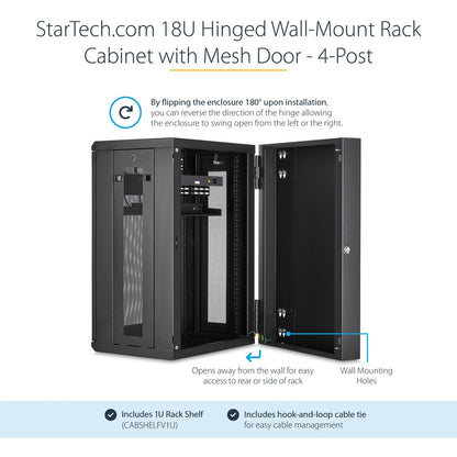 StarTech.com Armoire réseau murale 18U 19" - 16" de profondeur, verrouillable, pour rack de données informatiques flexible, boîtier de commutation ventilé avec étagère RK1820WALHM