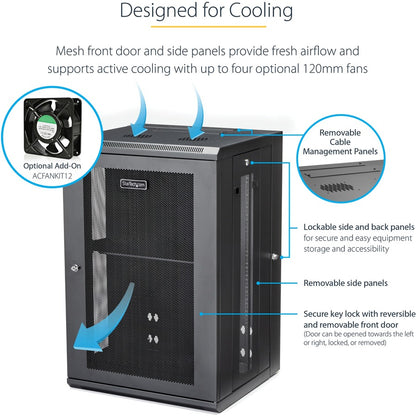 StarTech.com Armoire réseau murale 18U 19" - 16" de profondeur, verrouillable, pour rack de données informatiques flexible, boîtier de commutation ventilé avec étagère RK1820WALHM