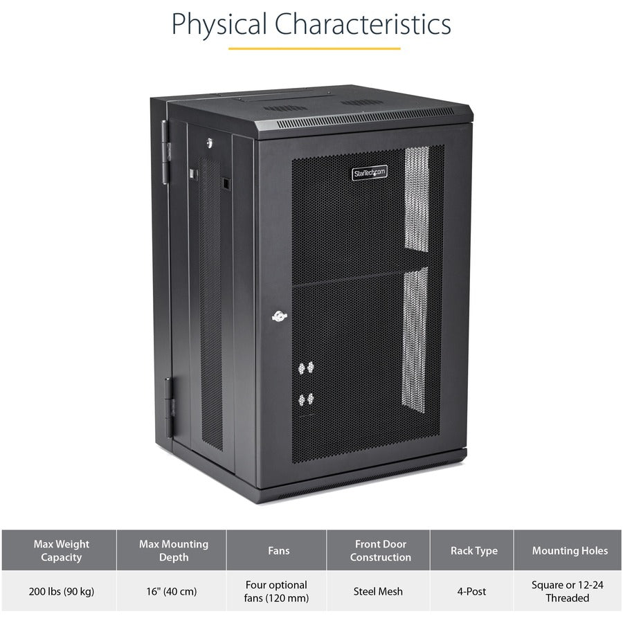 StarTech.com Armoire réseau murale 18U 19" - 16" de profondeur, verrouillable, pour rack de données informatiques flexible, boîtier de commutation ventilé avec étagère RK1820WALHM