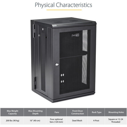 StarTech.com Armoire réseau murale 18U 19" - 16" de profondeur, verrouillable, pour rack de données informatiques flexible, boîtier de commutation ventilé avec étagère RK1820WALHM