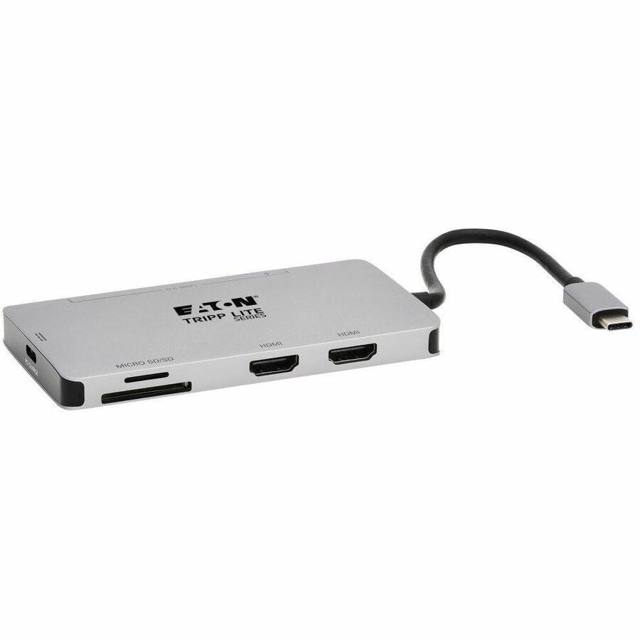 Station d'accueil USB-C Tripp Lite par Eaton, double écran - HDMI 4K 60 Hz, ports de concentrateur USB 3.x (5 Gbit/s), carte mémoire, charge PD 100 W, gris U442-DOCK8-GG