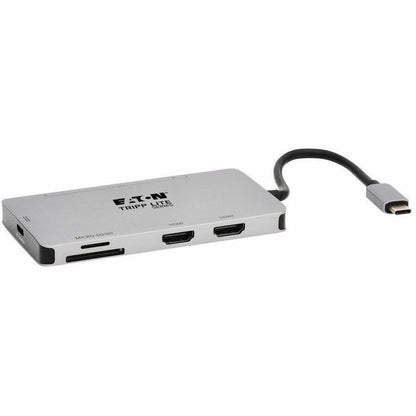 Station d'accueil USB-C Tripp Lite par Eaton, double écran - HDMI 4K 60 Hz, ports de concentrateur USB 3.x (5 Gbit/s), carte mémoire, charge PD 100 W, gris U442-DOCK8-GG