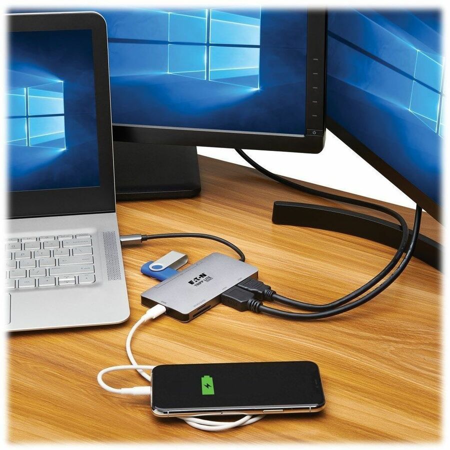 Station d'accueil USB-C Tripp Lite par Eaton, double écran - HDMI 4K 60 Hz, ports de concentrateur USB 3.x (5 Gbit/s), carte mémoire, charge PD 100 W, gris U442-DOCK8-GG