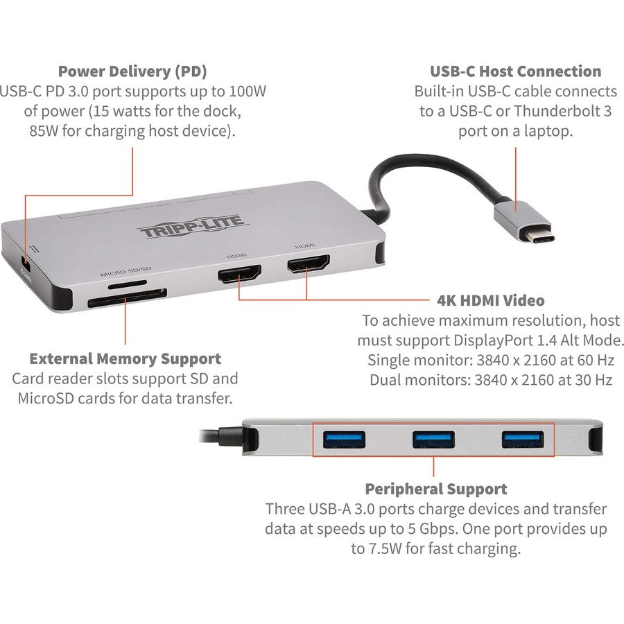 Station d'accueil USB-C Tripp Lite par Eaton, double écran - HDMI 4K 60 Hz, ports de concentrateur USB 3.x (5 Gbit/s), carte mémoire, charge PD 100 W, gris U442-DOCK8-GG