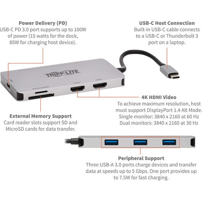Station d'accueil USB-C Tripp Lite par Eaton, double écran - HDMI 4K 60 Hz, ports de concentrateur USB 3.x (5 Gbit/s), carte mémoire, charge PD 100 W, gris U442-DOCK8-GG