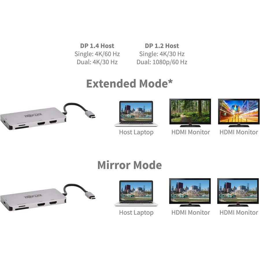 Station d'accueil USB-C Tripp Lite par Eaton, double écran - HDMI 4K 60 Hz, ports de concentrateur USB 3.x (5 Gbit/s), carte mémoire, charge PD 100 W, gris U442-DOCK8-GG