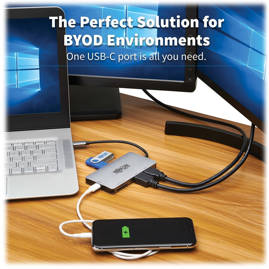 Station d'accueil USB-C Tripp Lite par Eaton, double écran - HDMI 4K 60 Hz, ports de concentrateur USB 3.x (5 Gbit/s), carte mémoire, charge PD 100 W, gris U442-DOCK8-GG