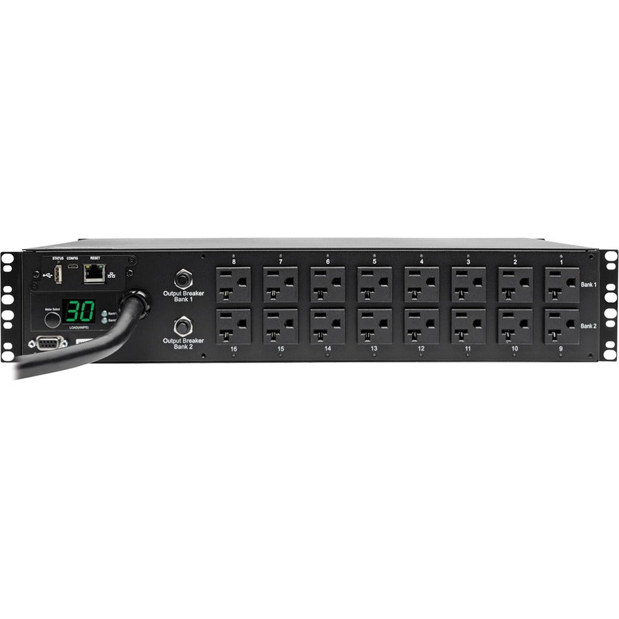 PDU commuté monophasé de 2,9 kW de Tripp Lite par Eaton - Interface LX, prises 120 V (16 5-15/20R), cordon de 10 pi (3,05 m) avec L5-30P, 2U, TAA PDUMH30NET