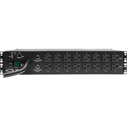 PDU commuté monophasé de 2,9 kW de Tripp Lite par Eaton - Interface LX, prises 120 V (16 5-15/20R), cordon de 10 pi (3,05 m) avec L5-30P, 2U, TAA PDUMH30NET