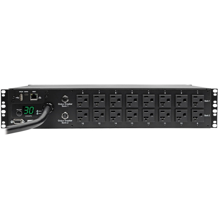 PDU commuté monophasé de 2,9 kW de Tripp Lite par Eaton - Interface LX, prises 120 V (16 5-15/20R), cordon de 10 pi (3,05 m) avec L5-30P, 2U, TAA PDUMH30NET