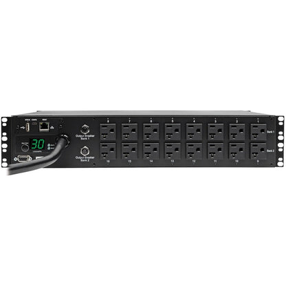 PDU commuté monophasé de 2,9 kW de Tripp Lite par Eaton - Interface LX, prises 120 V (16 5-15/20R), cordon de 10 pi (3,05 m) avec L5-30P, 2U, TAA PDUMH30NET