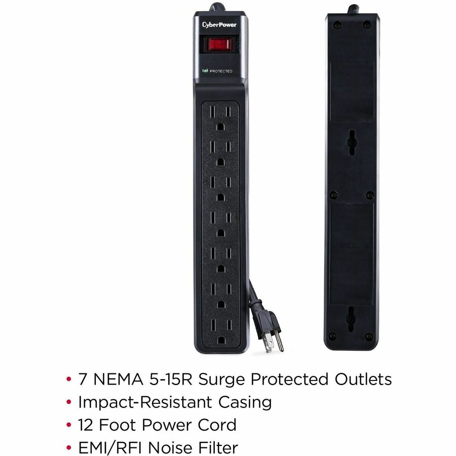 Parasurtenseur CyberPower CSB7012 Essential à 7 prises avec 1 500 joules et cordon de 12 pieds - Boîtes marron unies CSB7012