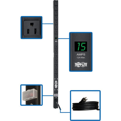 PDU monophasé avec compteur local de 1,5 kW de Tripp Lite par Eaton, prises 100-127 V (14 5-15R), 5-15P, cordon de 15 pi (4,57 m), 0U vertical, 36 po PDUMV15-36