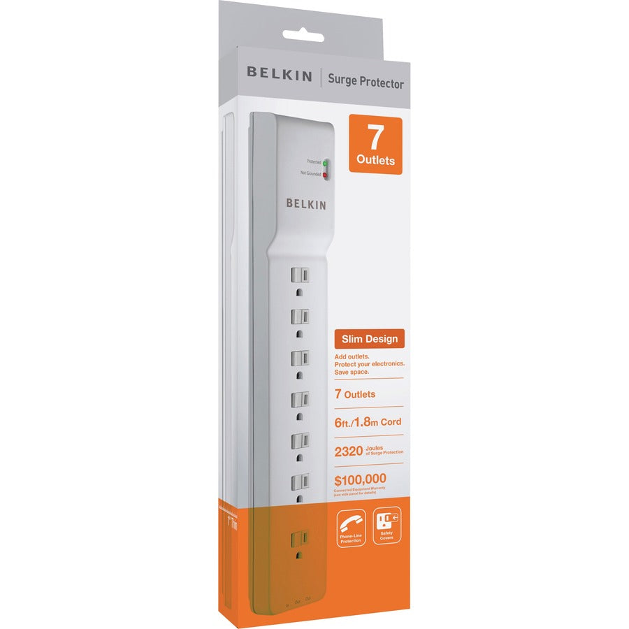 Parasurtenseur Belkin à 7 prises pour la maison/le bureau - Câble de 6 pieds - Blanc - 2160 joules BE10720006