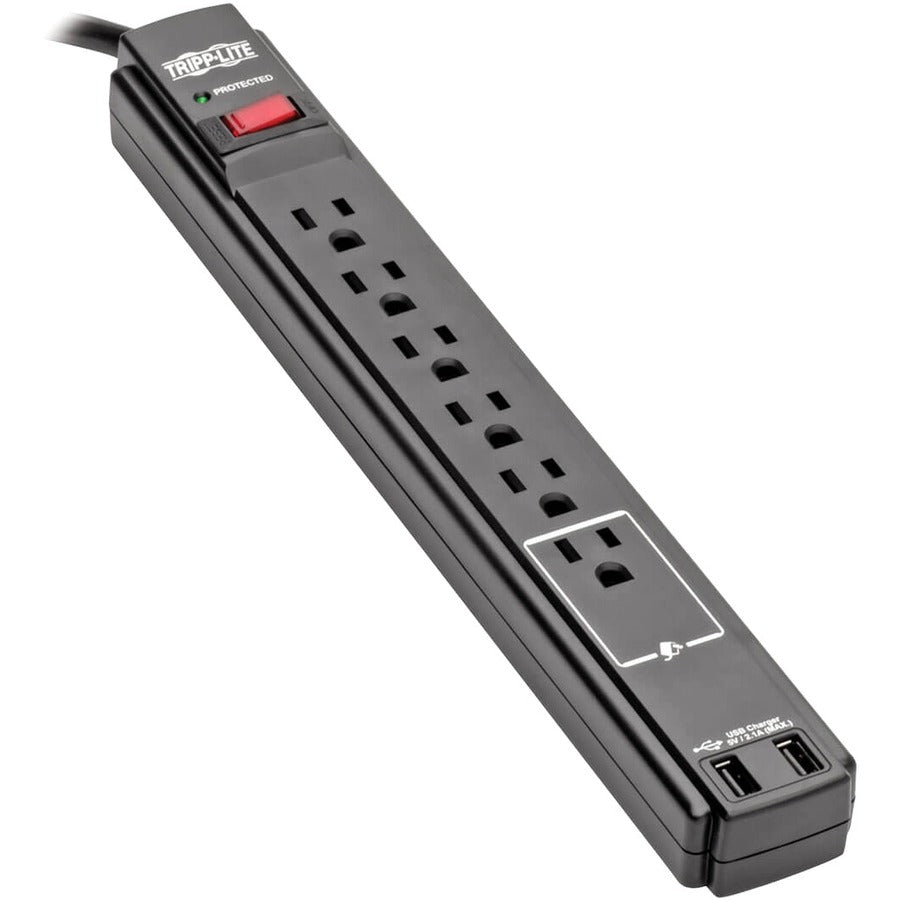 Multiprise avec parasurtenseur Tripp Lite 6 prises 2 ports USB Cordon de 6 pi Noir - 6 x NEMA 5-15R, 2 x USB - 1875 VA - 990 J - Entrée 120 V CA TLP606USBB