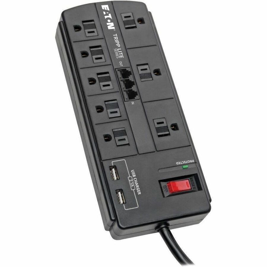 Parasurtenseur Tripp Lite 8 prises 2 ports de chargement USB Téléphone/Modem Cordon 8 pieds - 8 x NEMA 5-15R, 2 x USB - 1875 VA - 1200 J - Entrée 120 V CA - Fax/Modem/Téléphone TLP88TUSBB