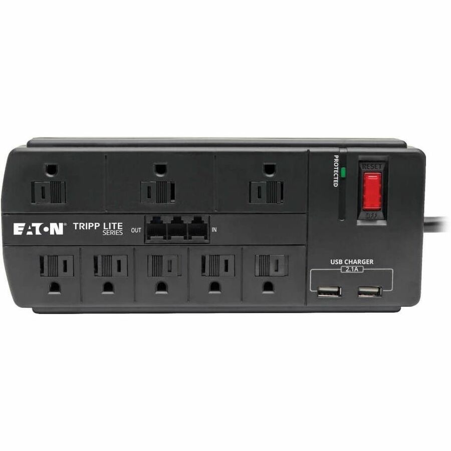 Parasurtenseur Tripp Lite 8 prises 2 ports de chargement USB Téléphone/Modem Cordon 8 pieds - 8 x NEMA 5-15R, 2 x USB - 1875 VA - 1200 J - Entrée 120 V CA - Fax/Modem/Téléphone TLP88TUSBB
