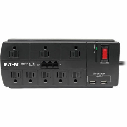 Parasurtenseur Tripp Lite 8 prises 2 ports de chargement USB Téléphone/Modem Cordon 8 pieds - 8 x NEMA 5-15R, 2 x USB - 1875 VA - 1200 J - Entrée 120 V CA - Fax/Modem/Téléphone TLP88TUSBB