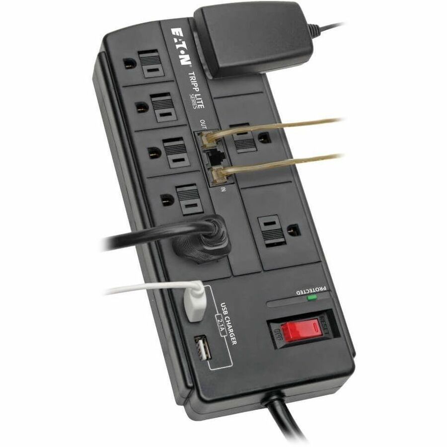 Parasurtenseur Tripp Lite 8 prises 2 ports de chargement USB Téléphone/Modem Cordon 8 pieds - 8 x NEMA 5-15R, 2 x USB - 1875 VA - 1200 J - Entrée 120 V CA - Fax/Modem/Téléphone TLP88TUSBB