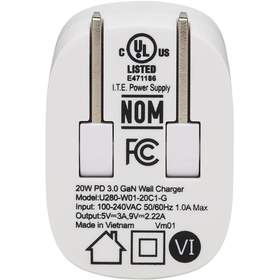 Chargeur mural compact USB-C à 1 port Tripp Lite by Eaton - Technologie GaN, charge PD 3.0 20 W, blanc U280-W01-20C1-G
