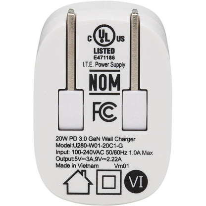 Chargeur mural compact USB-C à 1 port Tripp Lite by Eaton - Technologie GaN, charge PD 3.0 20 W, blanc U280-W01-20C1-G