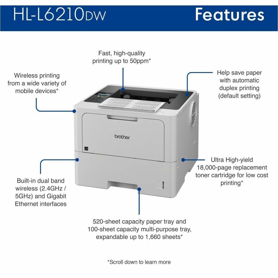 Brother HL-L6210DW Desktop Wireless Laser Printer - Monochrome HLL6210DW