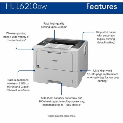 Brother HL-L6210DW Desktop Wireless Laser Printer - Monochrome HLL6210DW