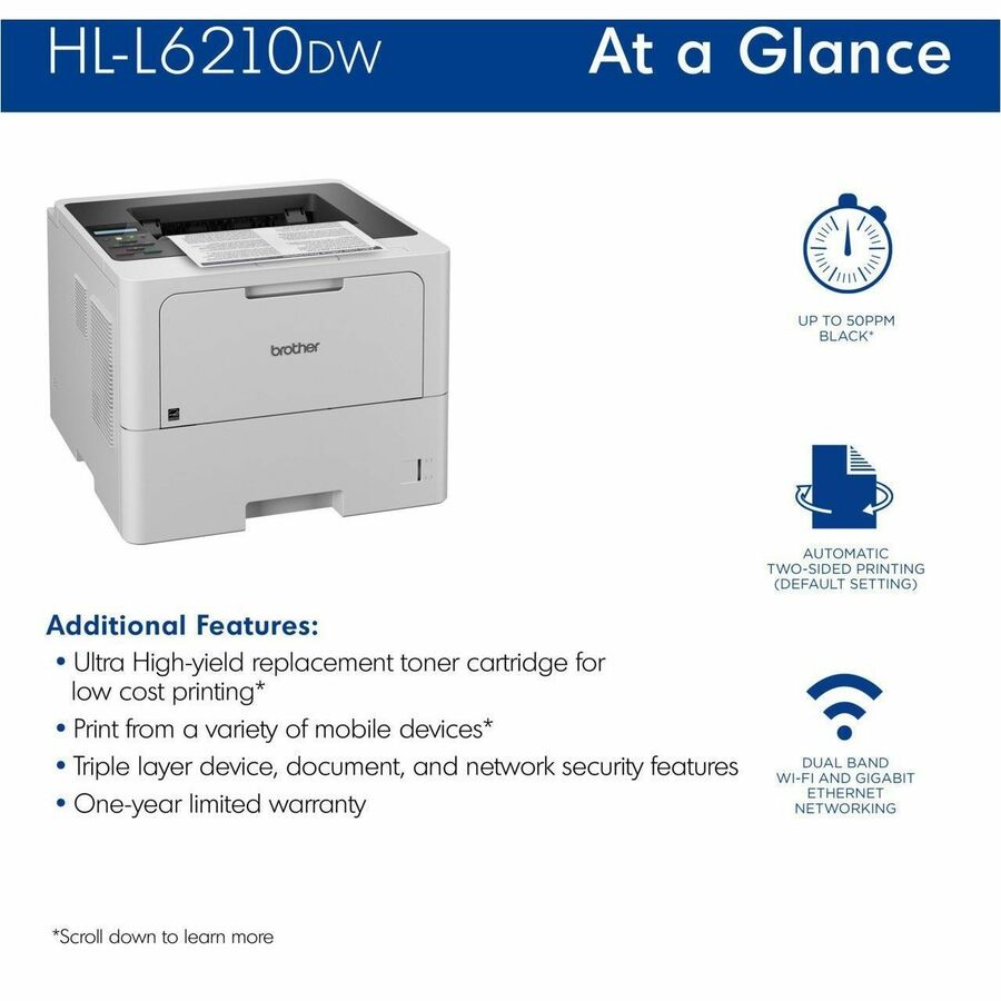 Brother HL-L6210DW Desktop Wireless Laser Printer - Monochrome HLL6210DW