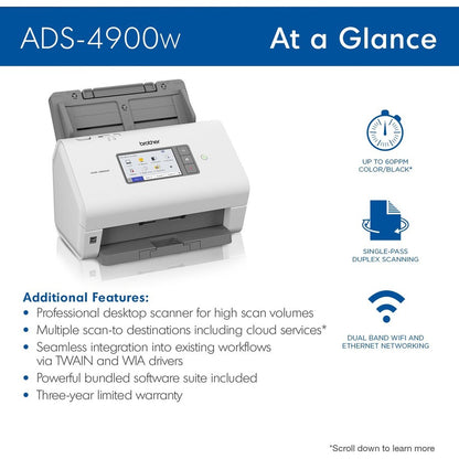 Brother ADS-4900W Sheetfed Scanner - 600 x 600 dpi Optical ADS4900W