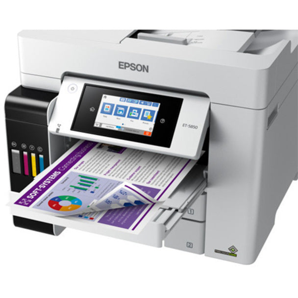 Epson ET-5850 Inkjet Multifunction Printer-Color-Copier/Fax/Scanner-4800x1200 dpi Print-Automatic Duplex Print-66000 Pages-550 sheets Input-1200 dpi Optical Scan-Color Fax-Wireless LAN-Epson Connect-Epson Email Print-Epson iPrint-Mopria C11CJ29201